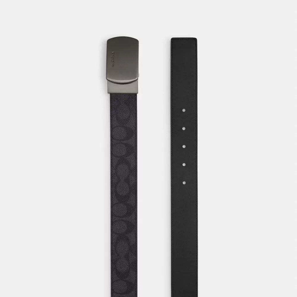 Plaque Buckle Cut-To-Size Reversible Belt, 38MM - Signature Canvas/Gunmetal/Charcoal/Black