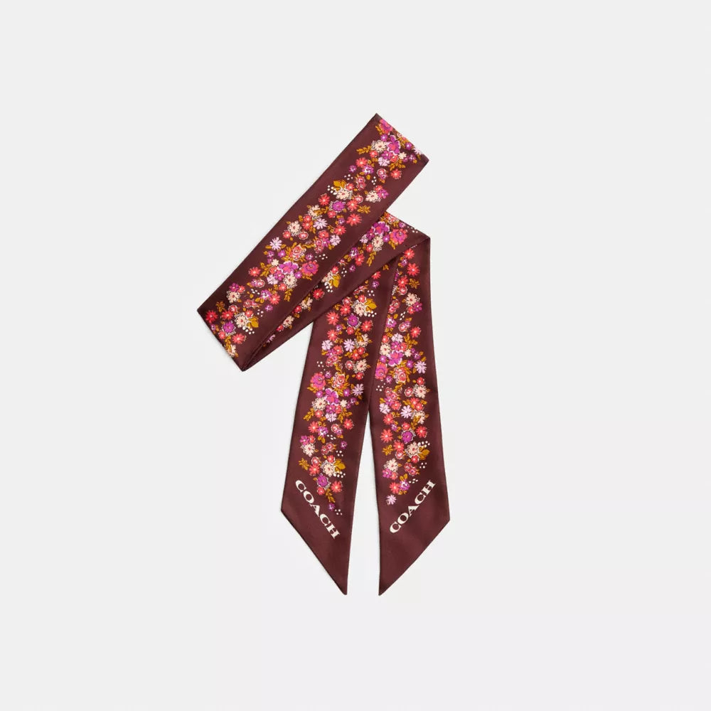 Signature Posey Cluster Print Silk Skinny Scarf - Brown/Multi