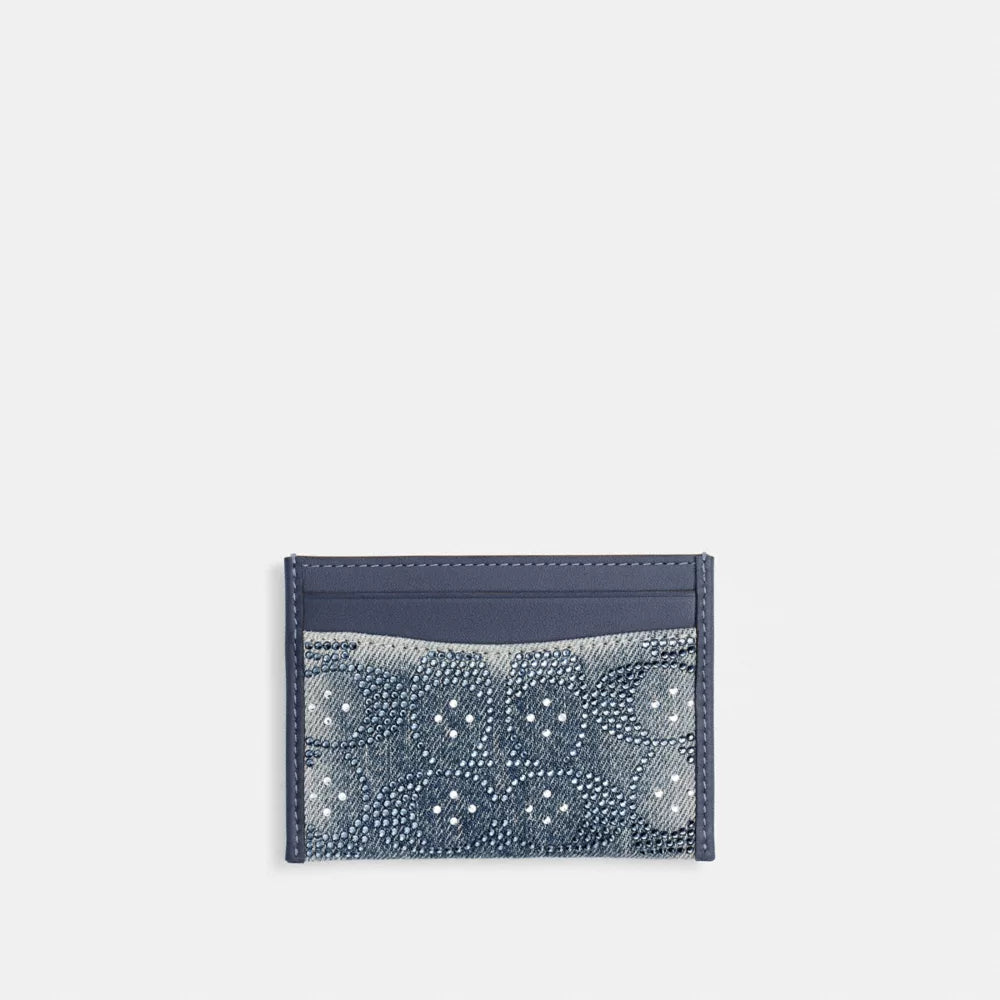 Essential Card Case In Regenerative Cotton Denim With Crystal Signature - Denim-Signature/Brass/Denim