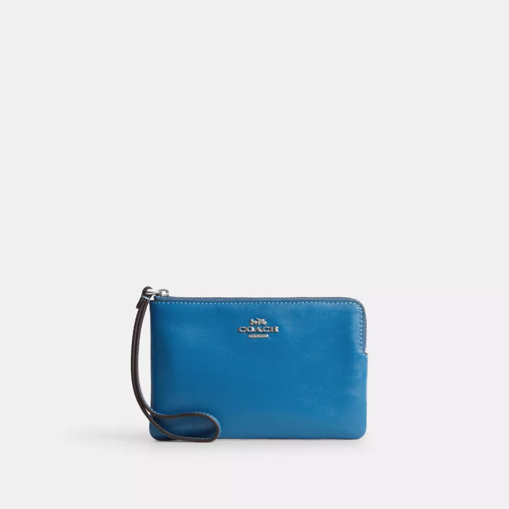 Corner Zip Wristlet - Crinkle Leather/Silver/Blue Jay