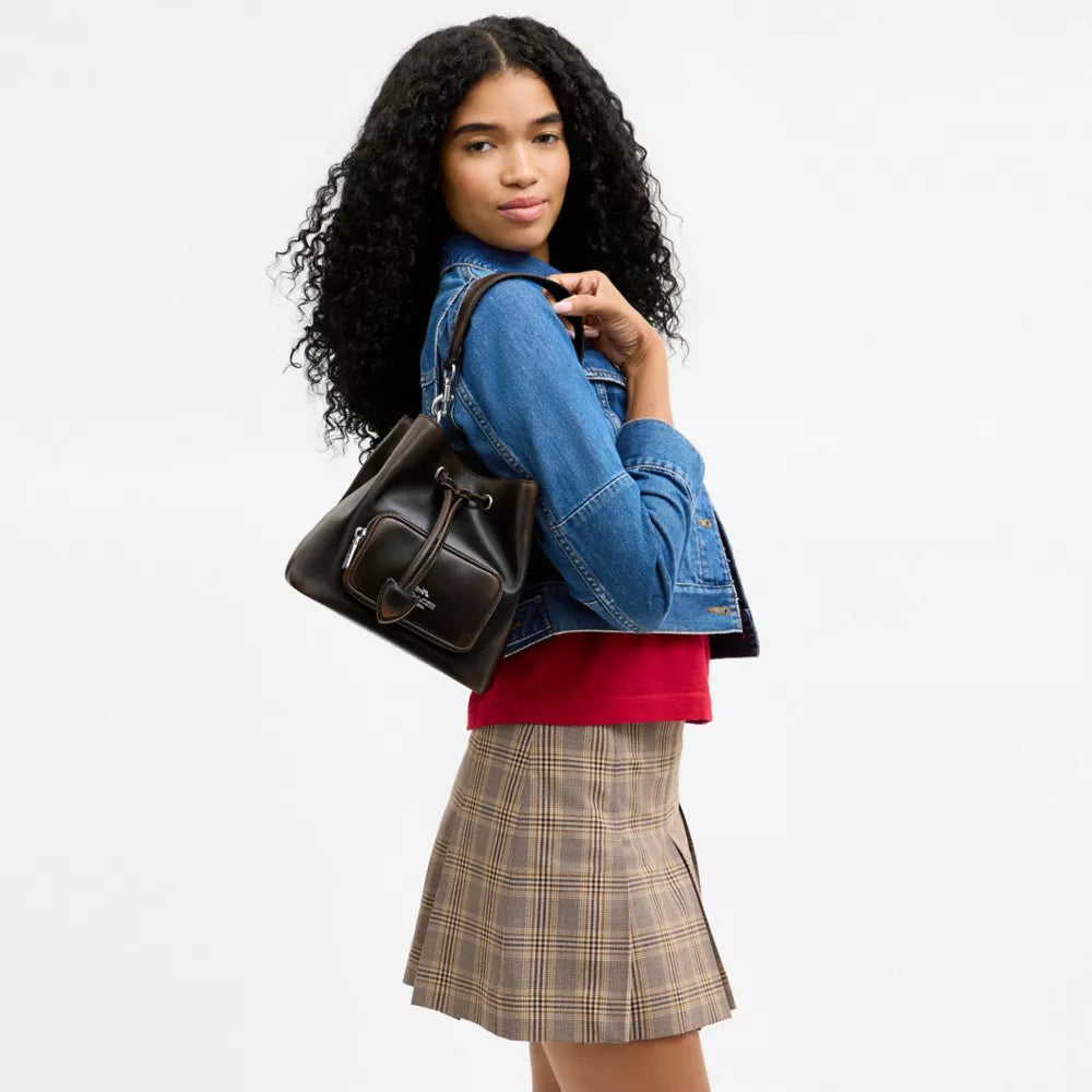 Rowan Bucket Bag With Pocket In Loved Leather - Silver/Black Brown