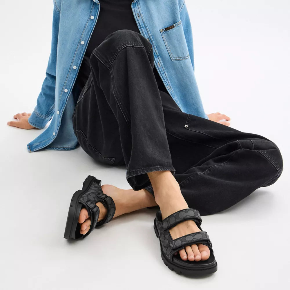Double Banded Sandal In Signature Jacquard - Charcoal/Black