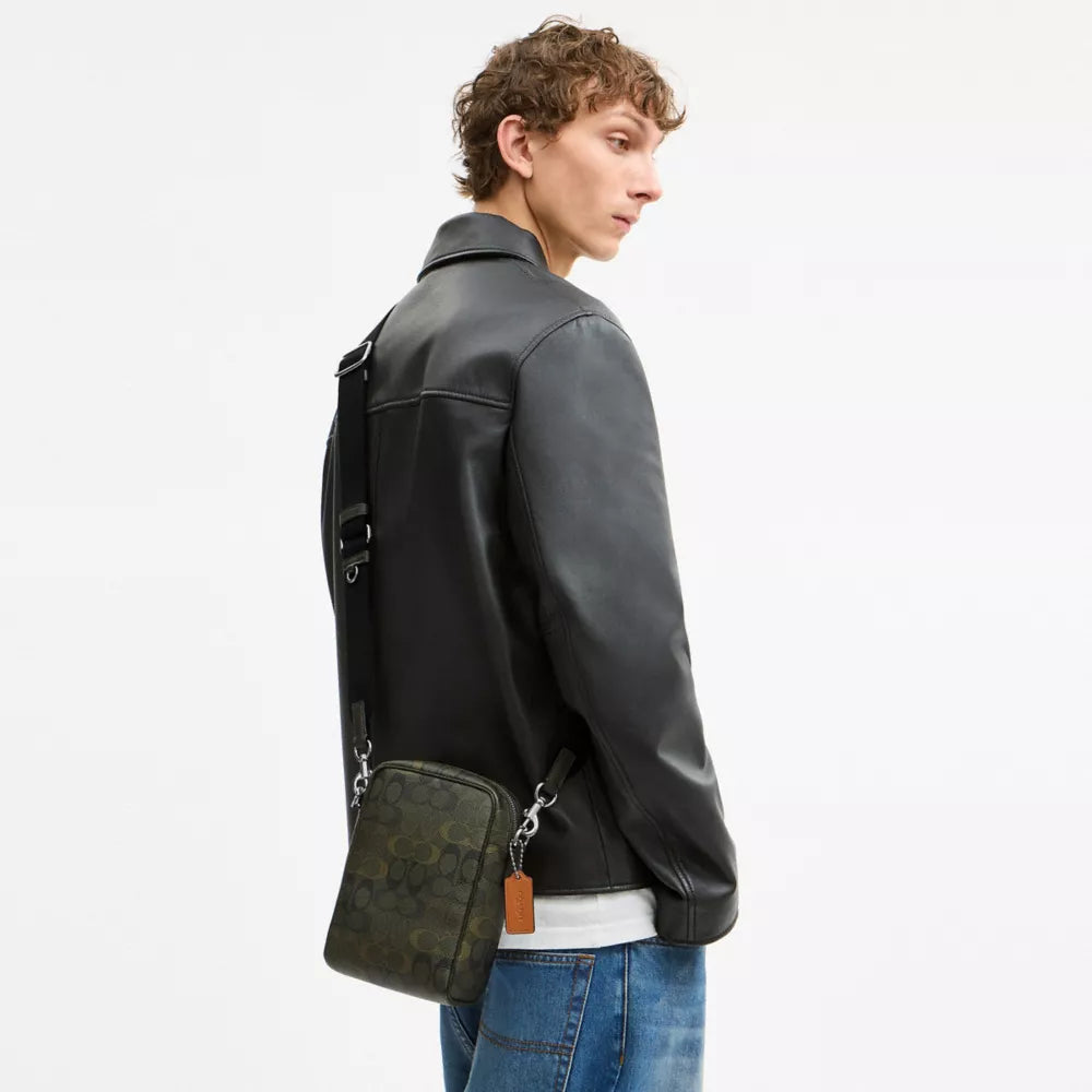 Tristan Crossbody Bag 14 In Signature Camo Print - Signature Canvas/Silver/GREEN