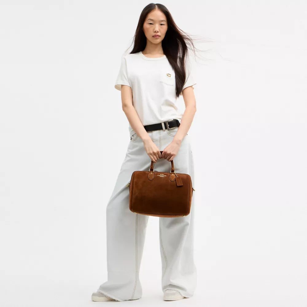 Rowan Large Satchel Bag - Suede/Gold/Warm Brown