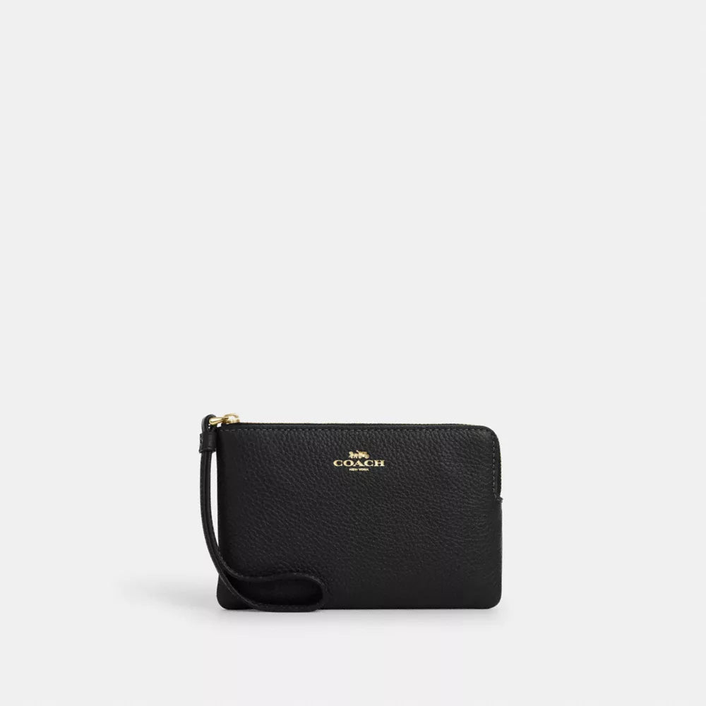 Corner Zip Wristlet - Pebbled Leather/Gold/Black