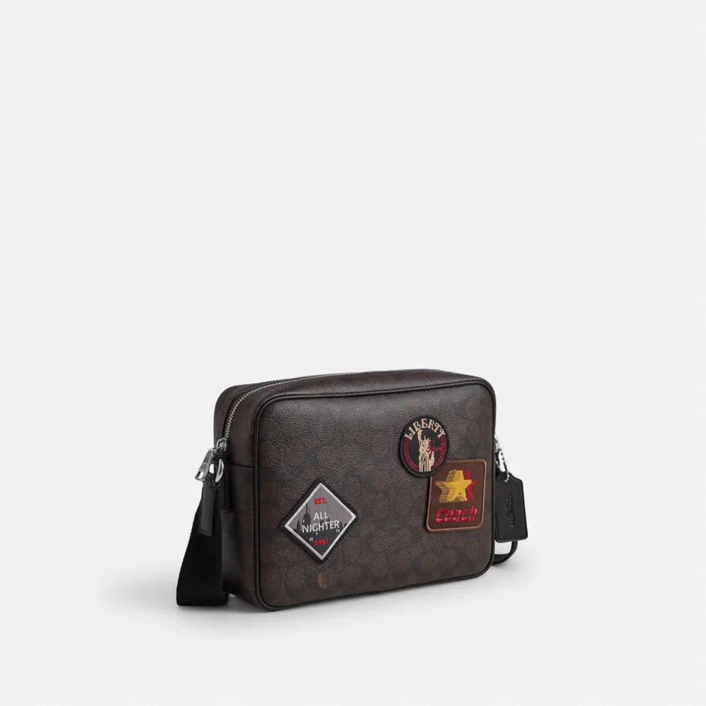 Colton Crossbody Bag 25 In Signature Canvas With Patches - Signature Canvas/SV/Walnut/Black