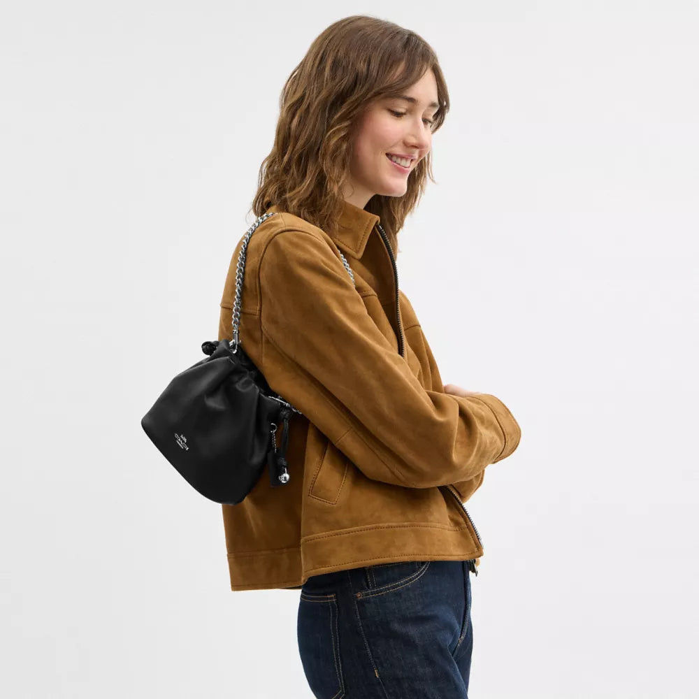 Faye Mini Drawstring Bag - Smooth Leather/Silver/Black