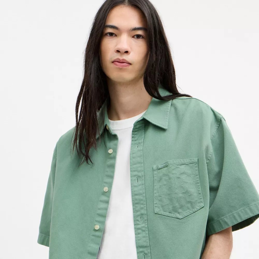 Short Sleeve Relaxed Denim Shirt - Green