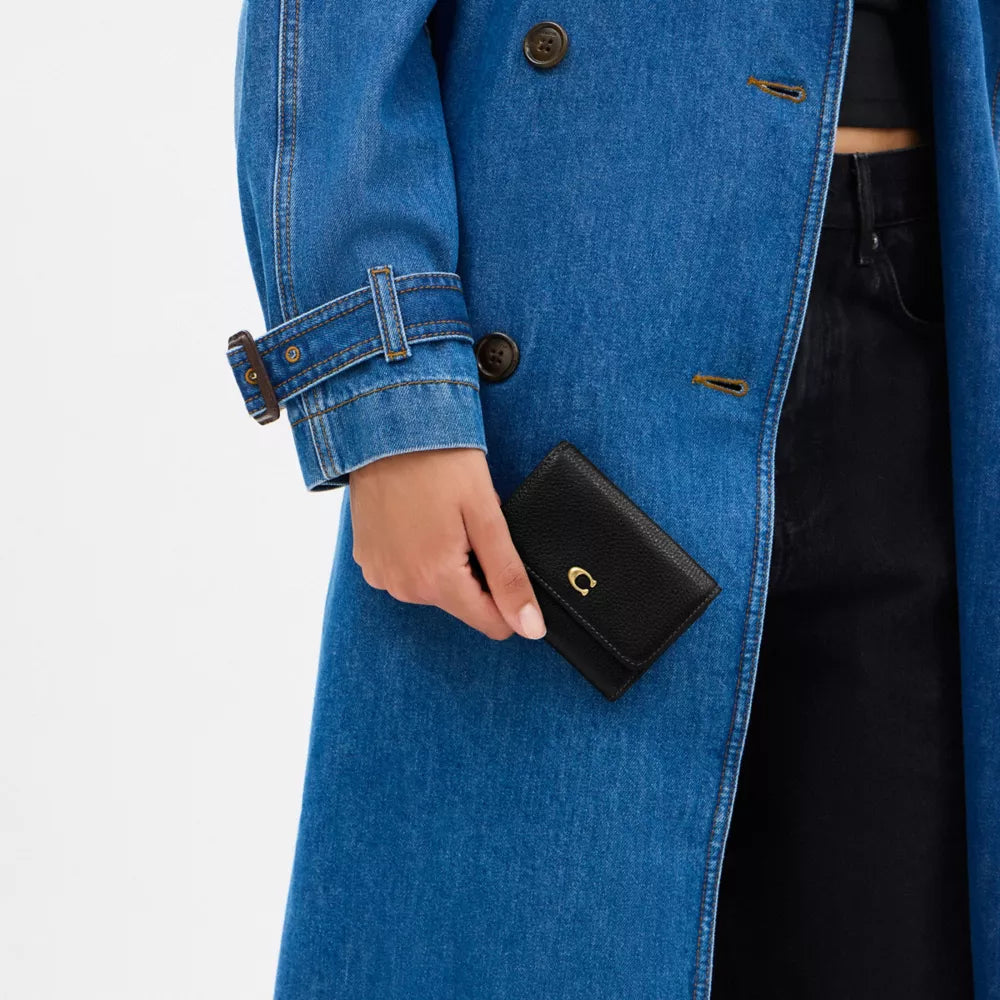 Essential Flap Card Case - Pebble Leather/Brass/Black