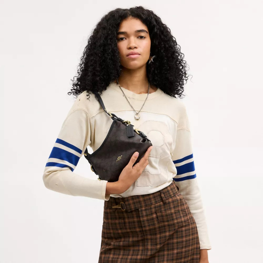 Laurel Shoulder Bag 22 With Buckles In Signature Canvas - Signature Canvas/Gold/Walnut/Black