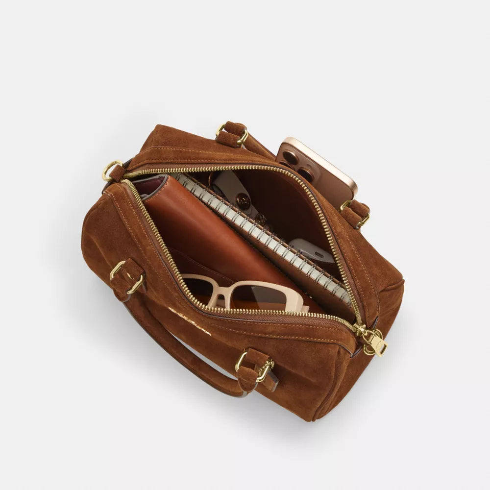 Rowan Satchel Bag - Suede/Gold/Warm Brown