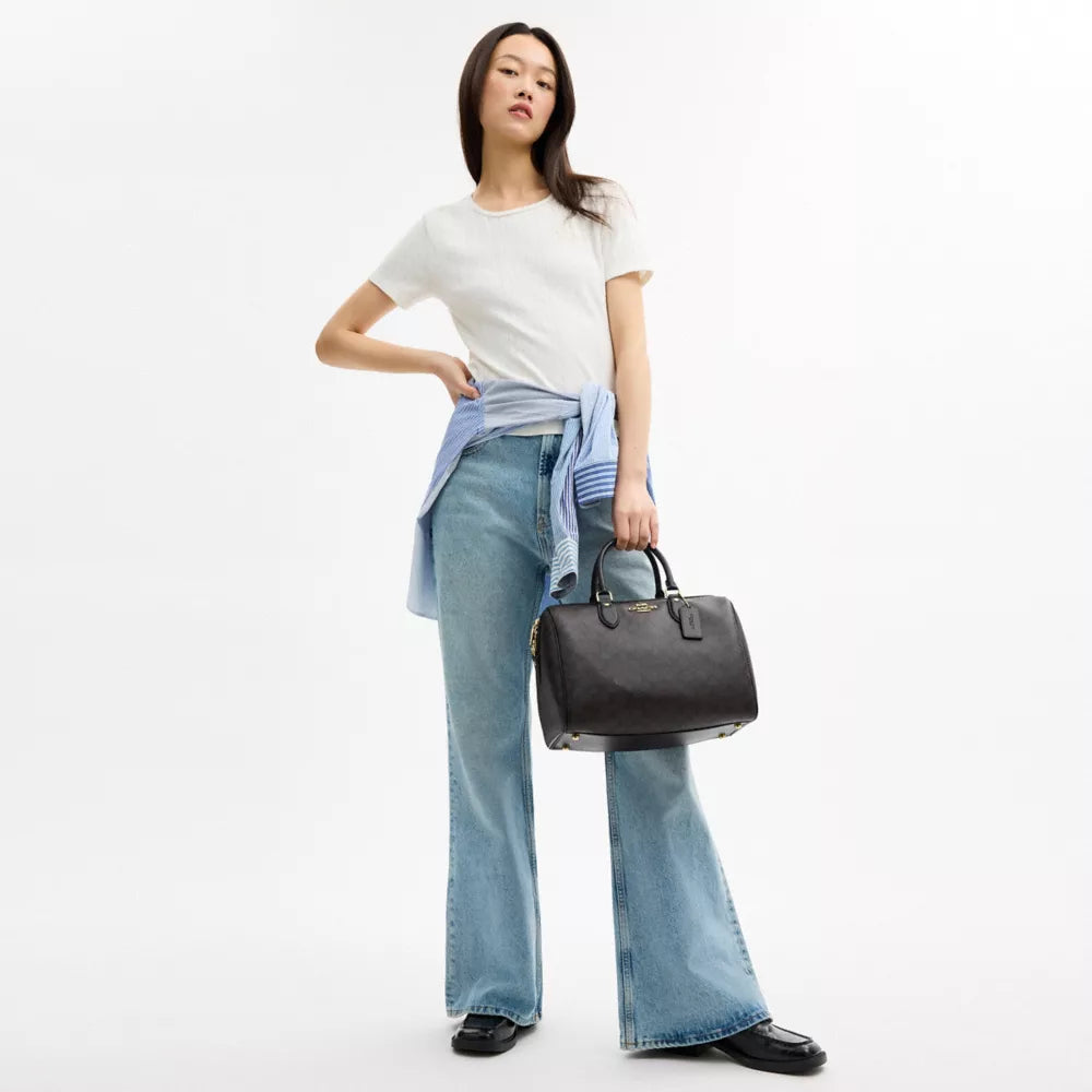 Rowan Large Satchel Bag In Signature Canvas - Signature Canvas/Gold/Walnut/Black