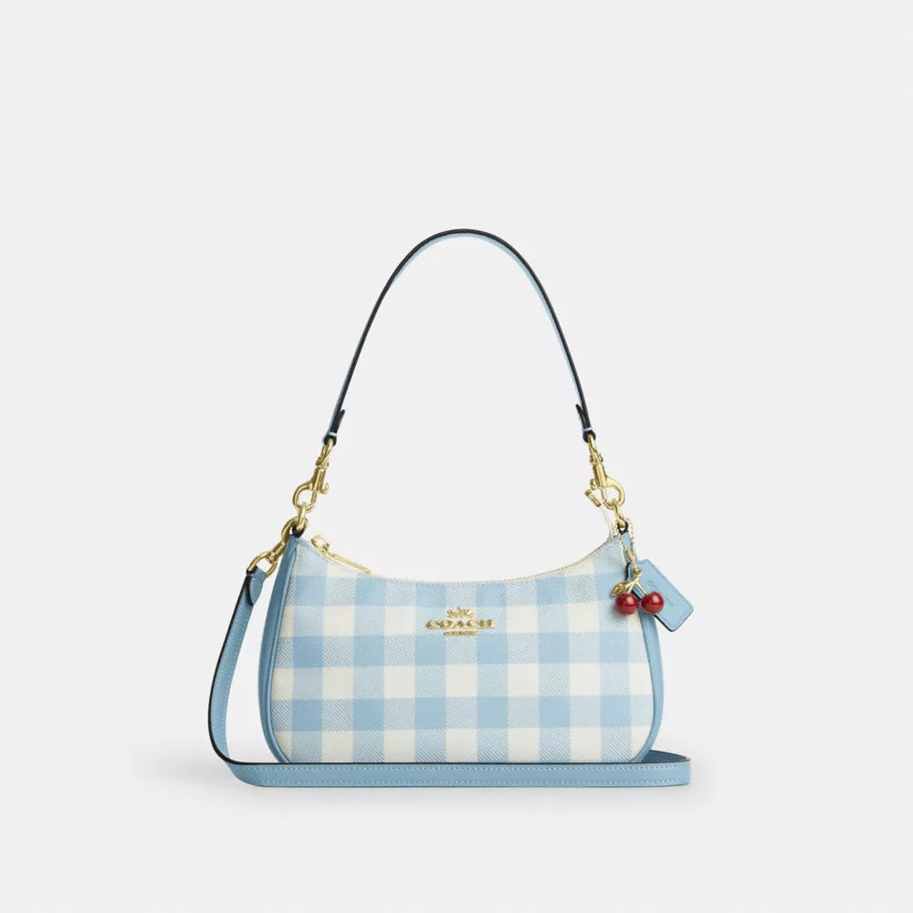 Teri Shoulder Bag With Gingham Print And Charm - Gold/Blue Multi