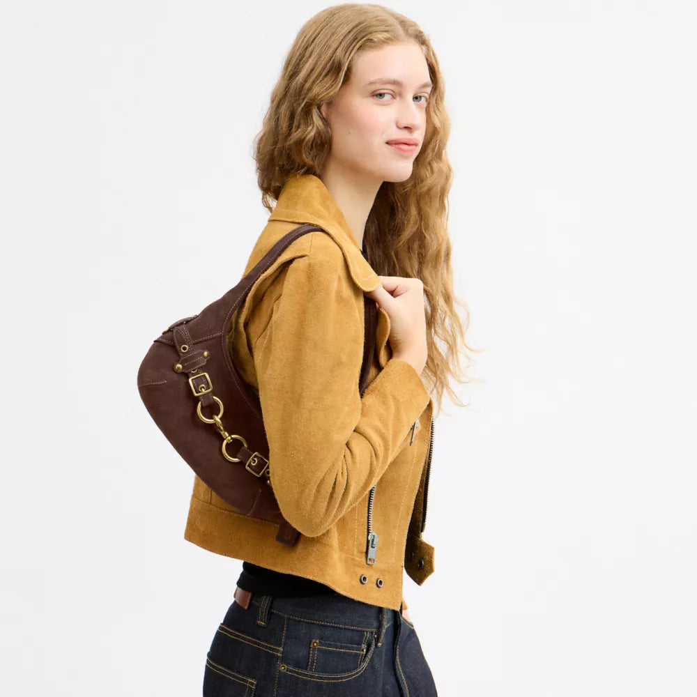 Belted Ergo Shoulder Bag 26 - Suede/Brass/Dark Chocolate