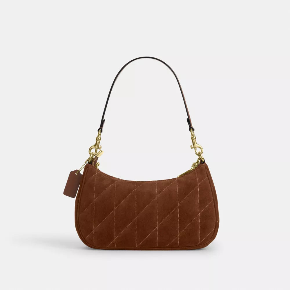 Teri Shoulder Bag With Quilting - Suede/Gold/Warm Brown