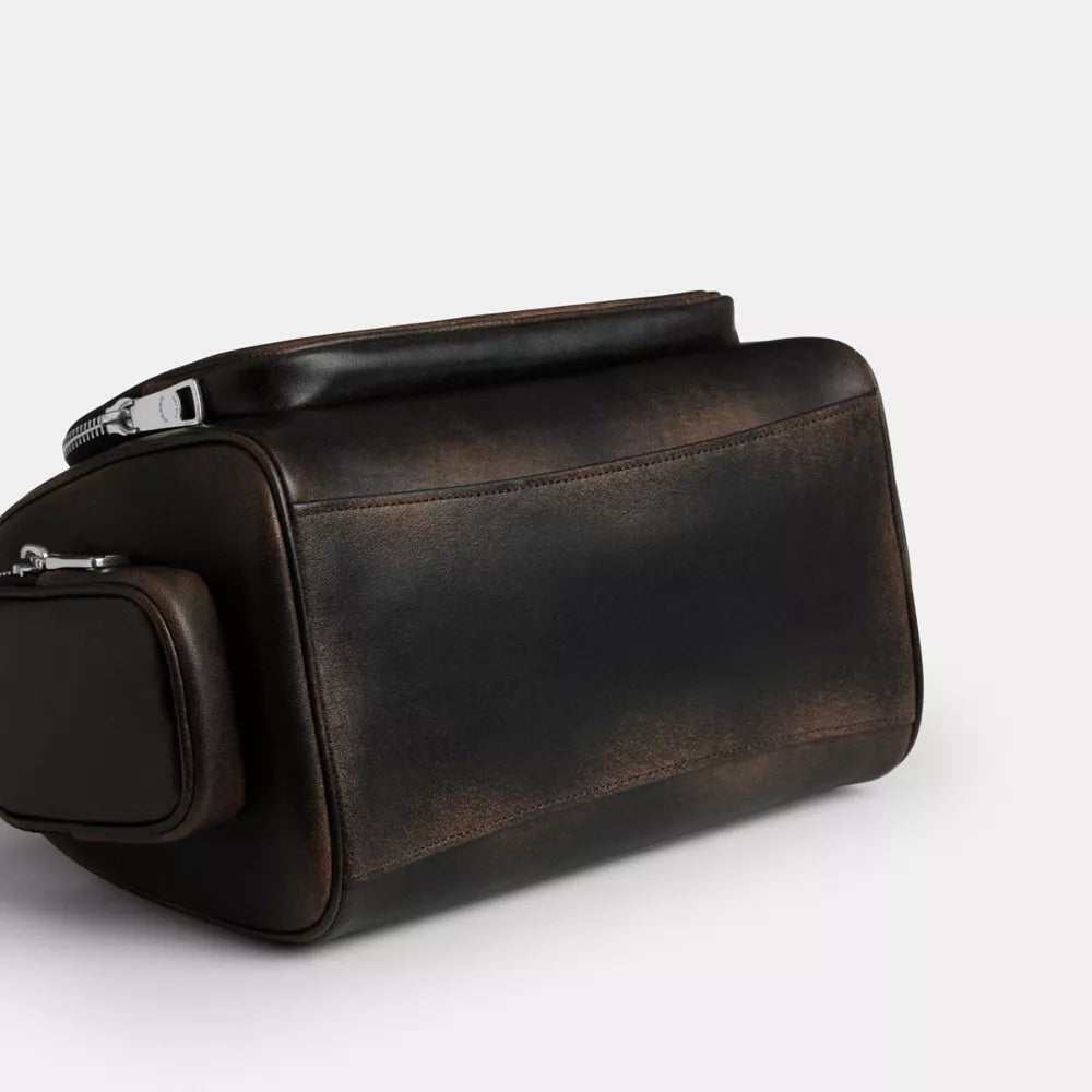 Rowan Satchel Bag With Pockets In Loved Leather - Silver/Black Brown