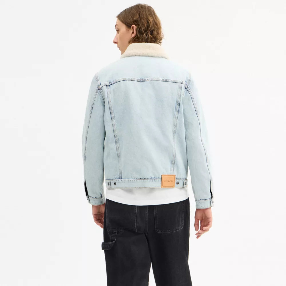 Denim Jacket With Shearling Collar - Light Wash