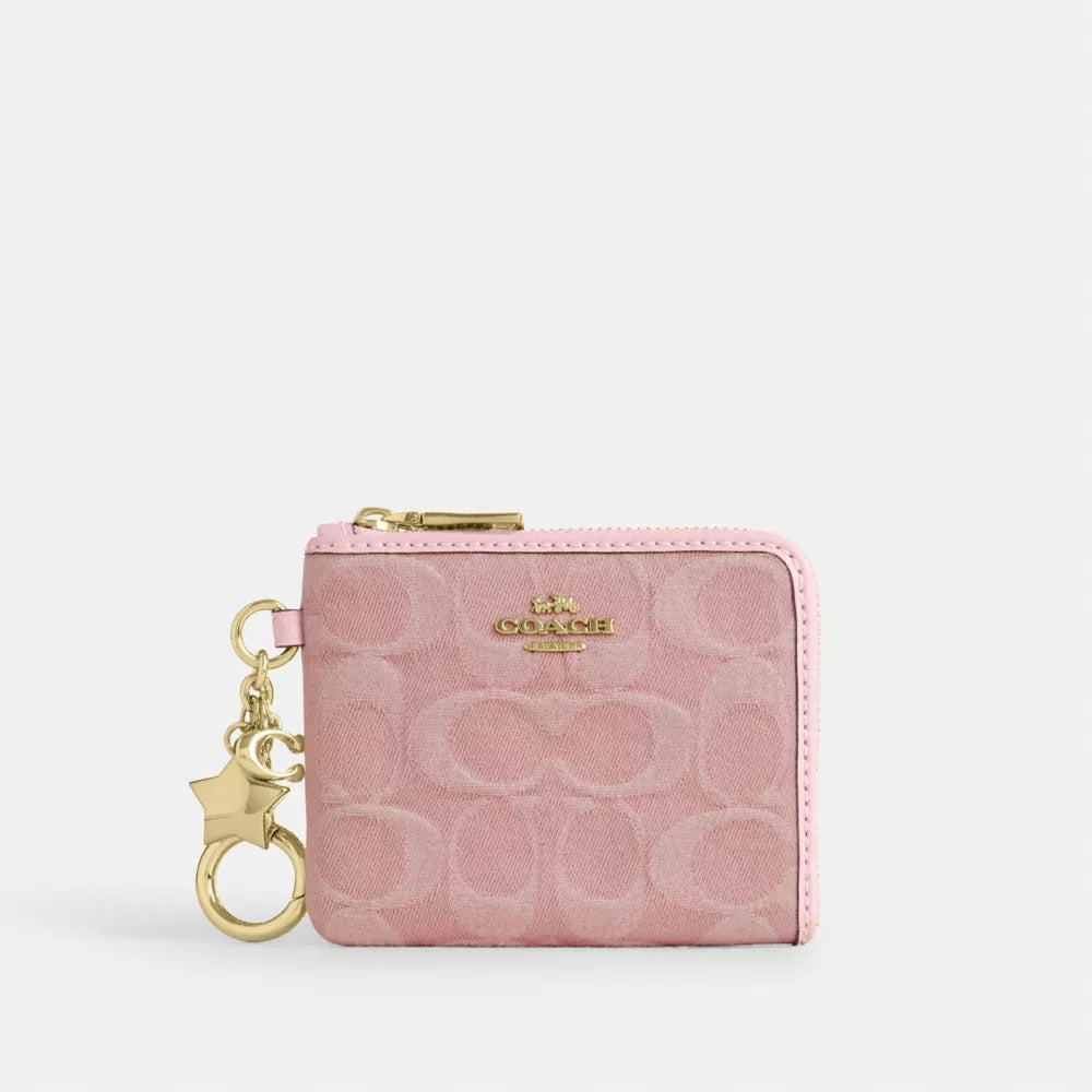 Small Corner Zip Wallet In Signature Denim With Charms - Denim/Gold/Light Pink