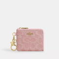 Small Corner Zip Wallet In Signature Denim With Charms - Denim/Gold/Light Pink
