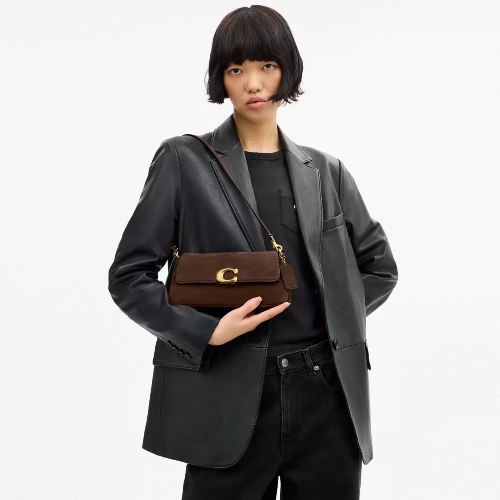 Jet Shoulder Bag - Suede/Brass/Dark Chocolate