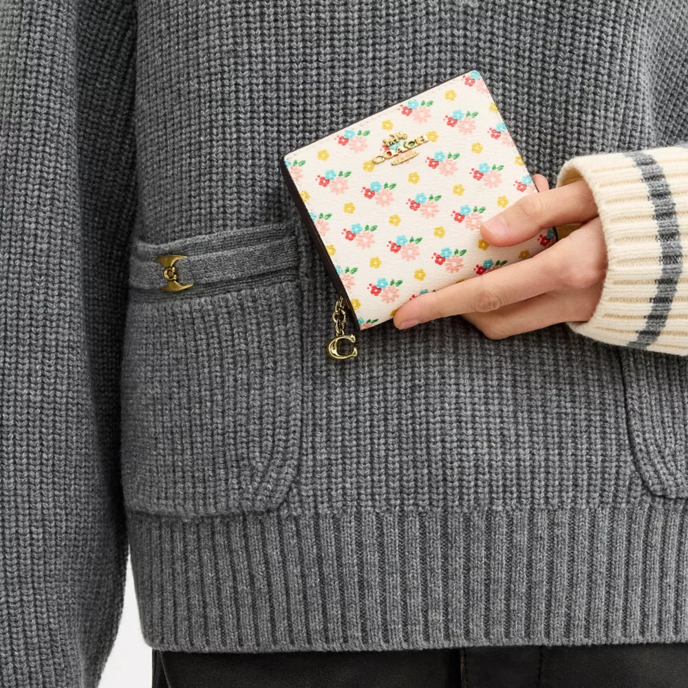 Snap Wallet With Floral Print And Charm - Gold/Chalk Multi