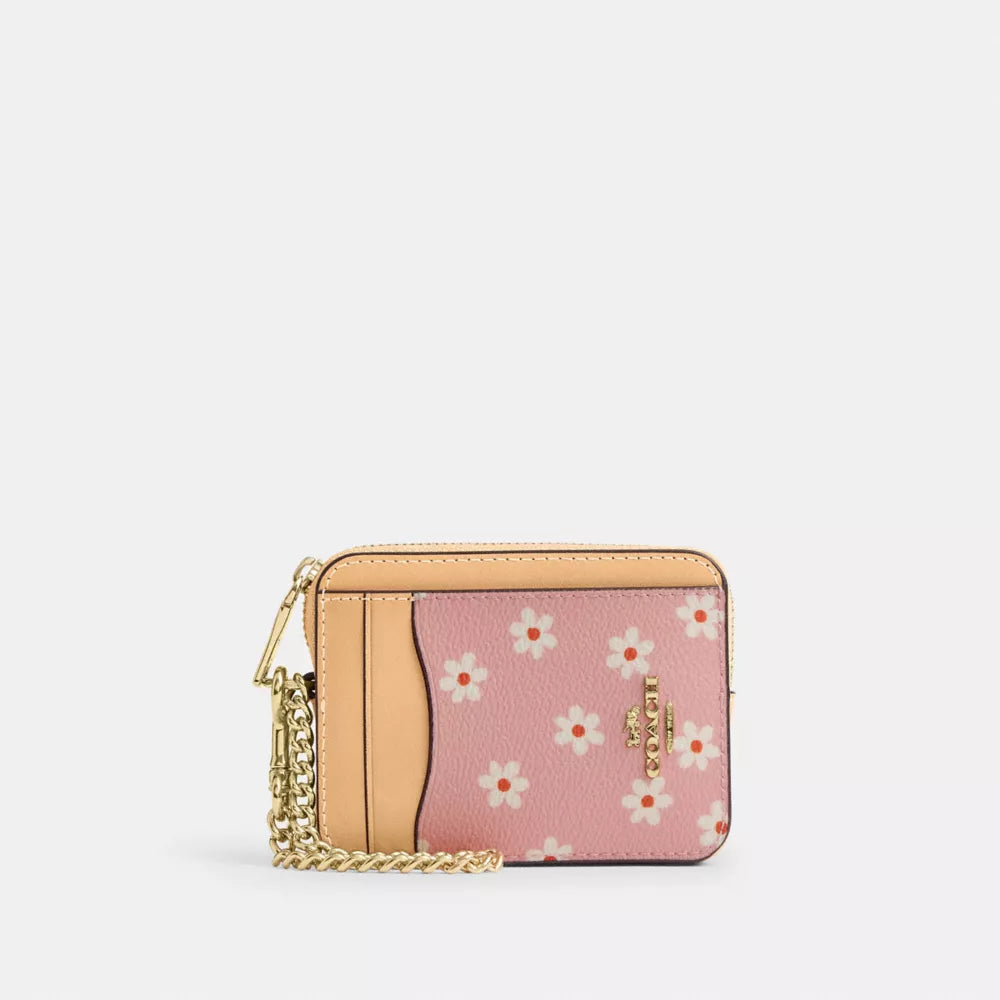 Zip Card Case With Floral Print - Gold/Pink Multi