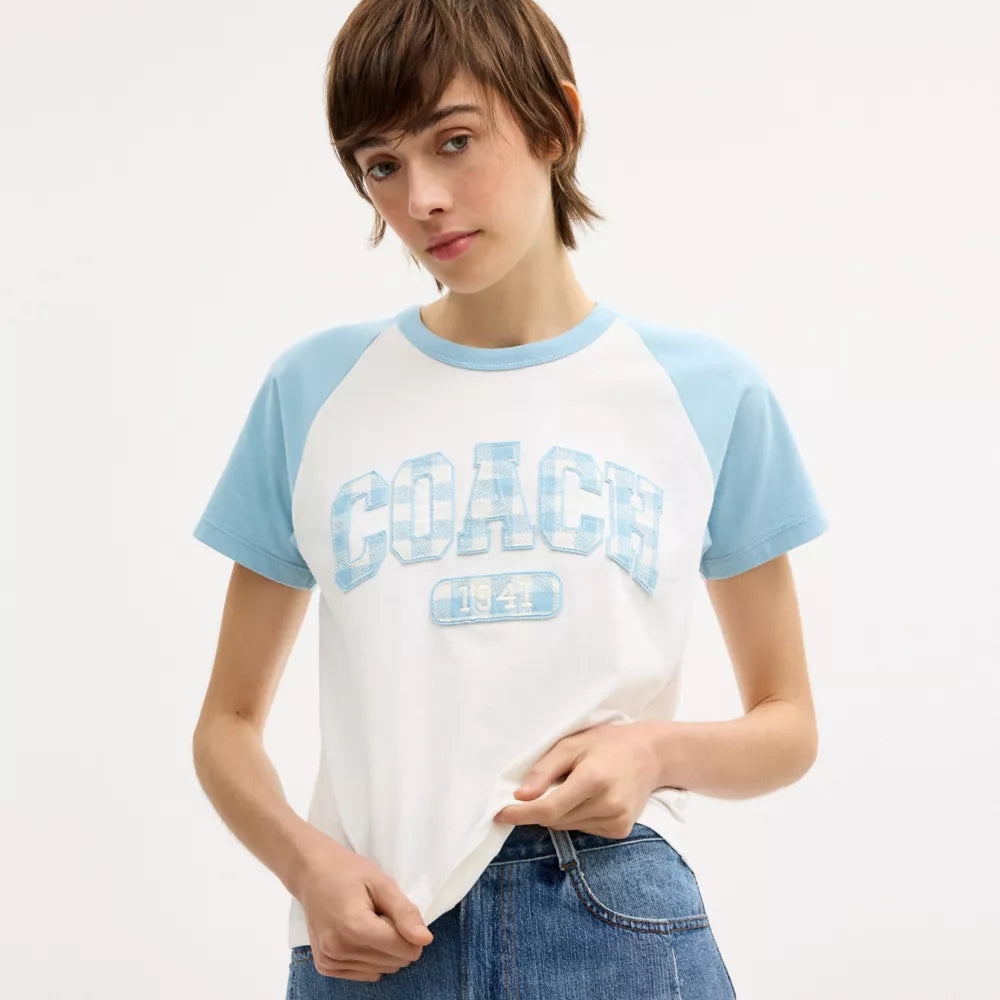 Gingham Sporty Raglan T-Shirt In Organic Cotton - Blue/White