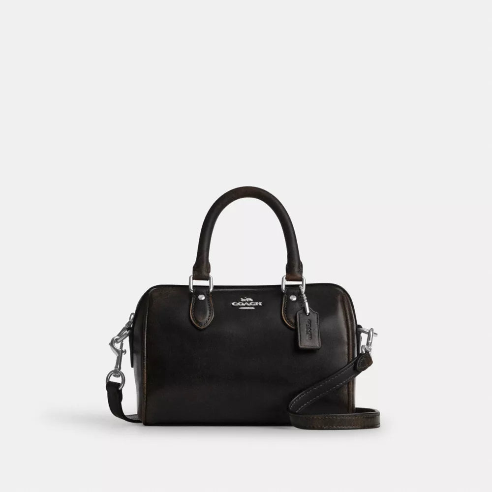 Mini Rowan Crossbody Bag In Loved Leather - Silver/Black Brown