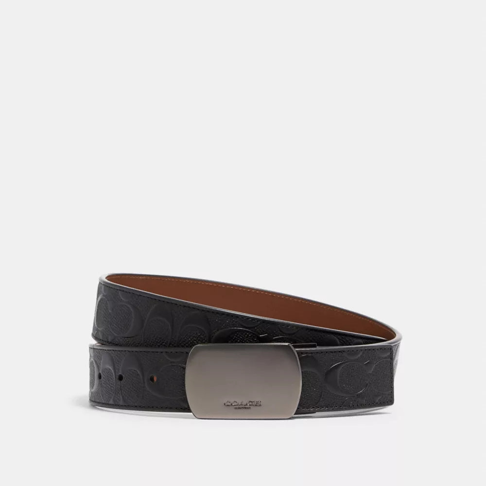 Plaque Buckle Cut-To-Size Reversible Belt, 38MM - Smooth Leather/Gunmetal/Black/Dark Saddle