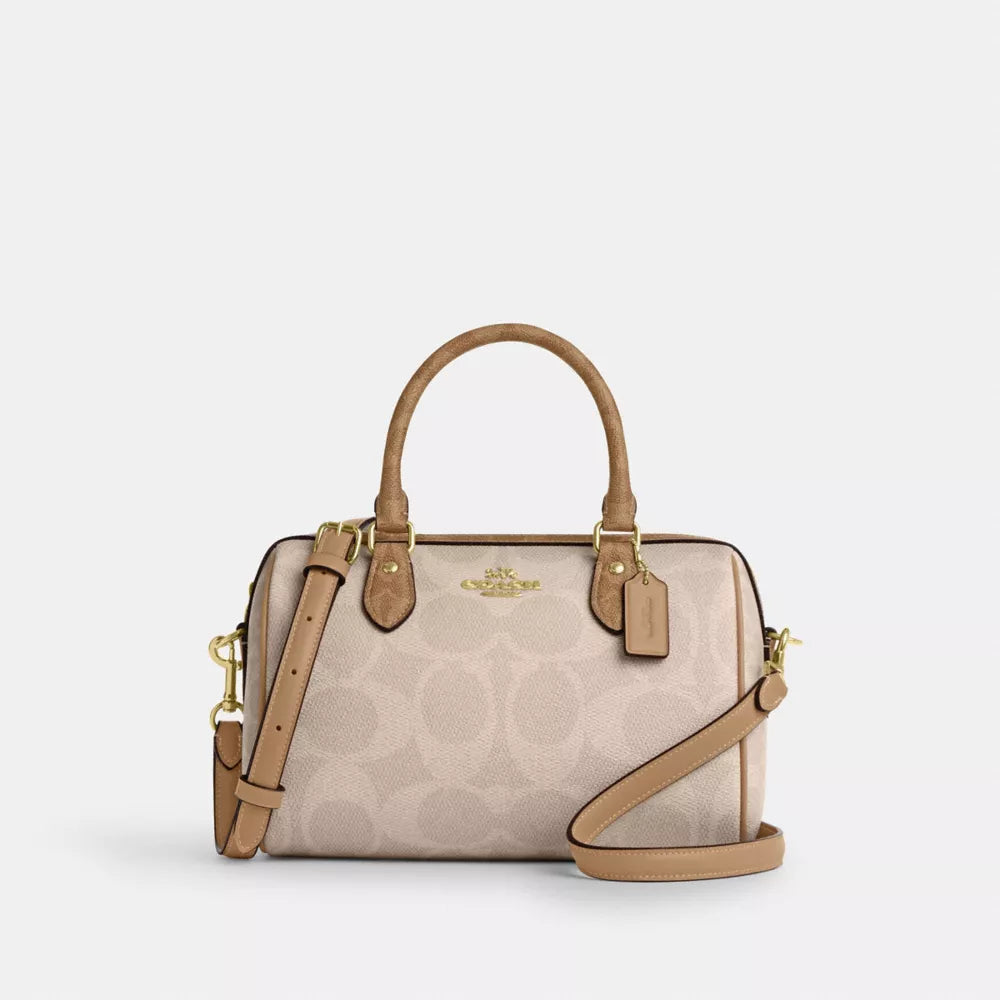 Rowan Satchel Bag In Blocked Signature Canvas - Signature Canvas/Gold/Sand/Tan