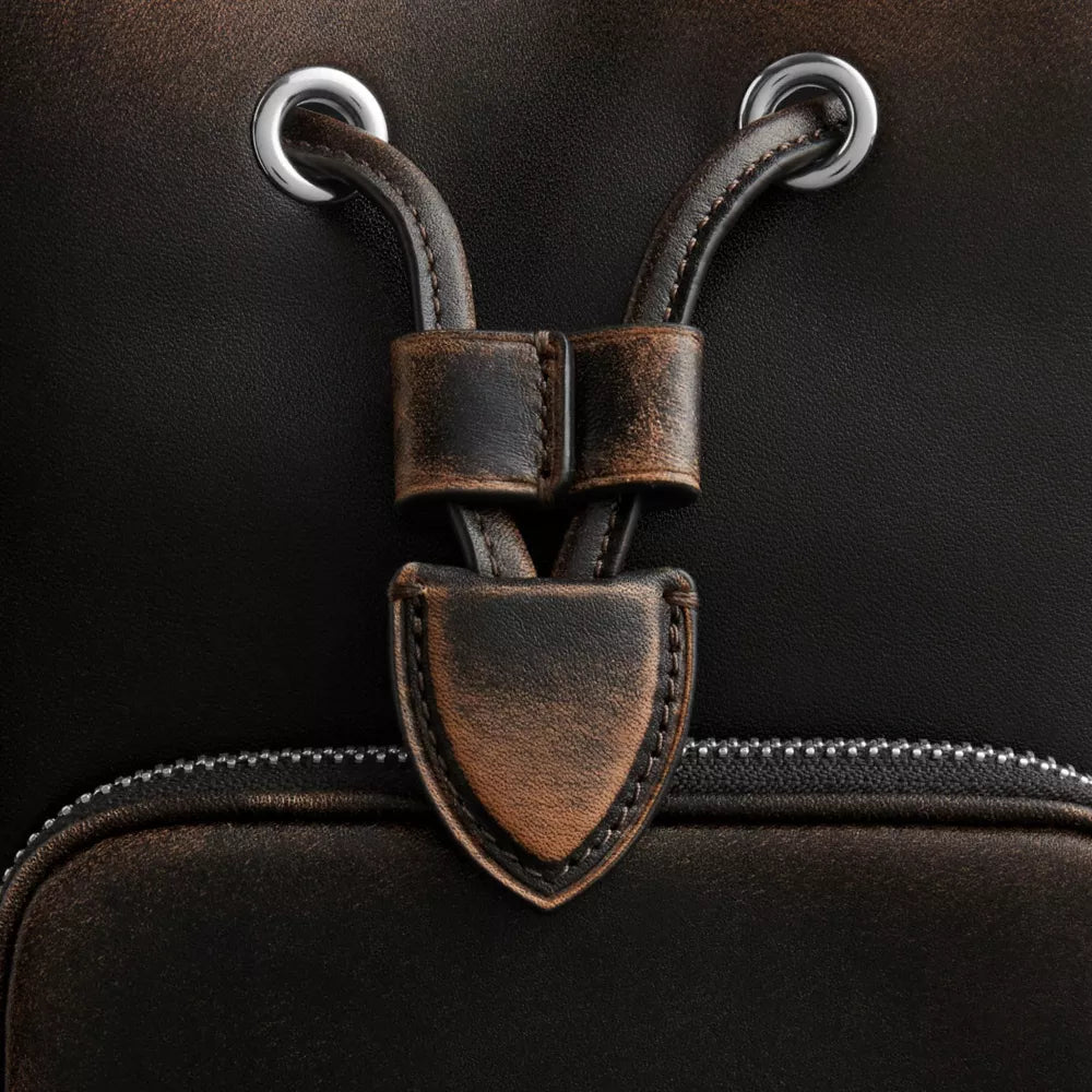 Rowan Bucket Bag With Pocket In Loved Leather - Silver/Black Brown