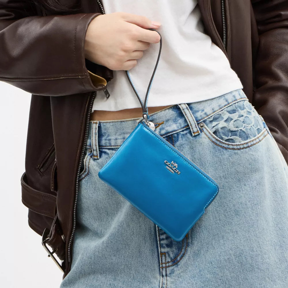 Corner Zip Wristlet - Crinkle Leather/Silver/Blue Jay