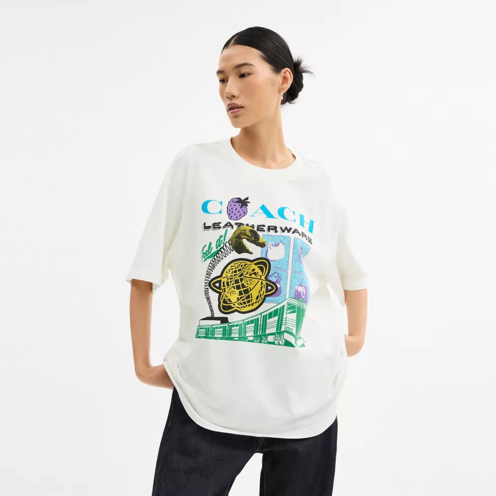Collage Train Relaxed T-Shirt In Organic Cotton - Vintage Ivory