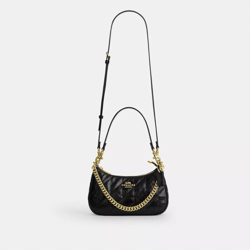 Teri Shoulder Bag With Quilting - Crinkle Leather/Gold/Black