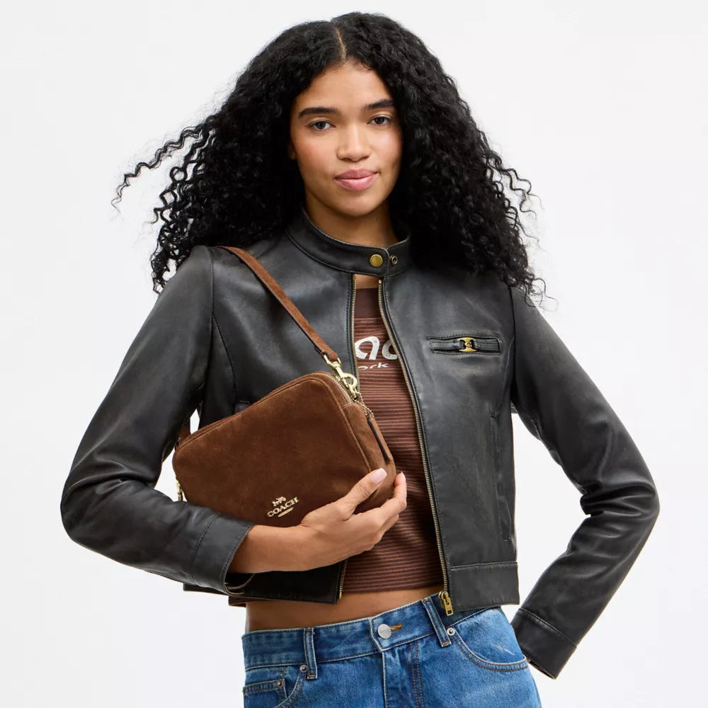 Carey Crossbody Bag - Suede/Gold/Warm Brown