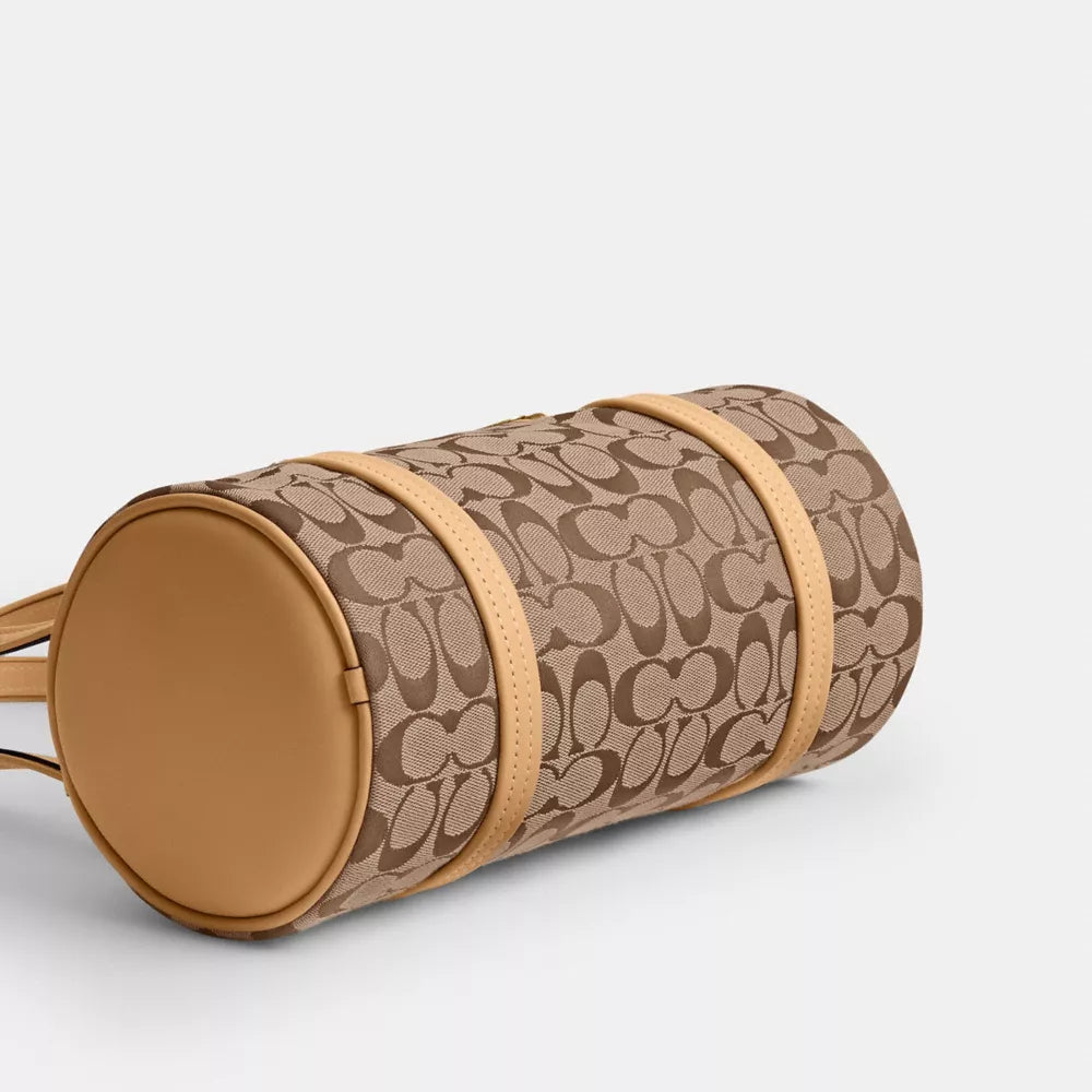 Kisslock Barrel Bag 28 In Signature Jacquard - Brass/Khaki Light Peach
