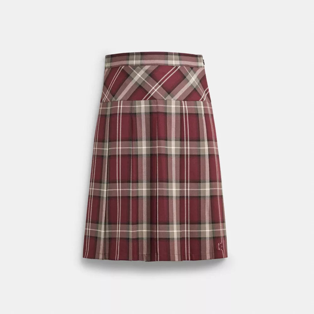 Pleated Plaid Midi Skirt - Merlot/Grey