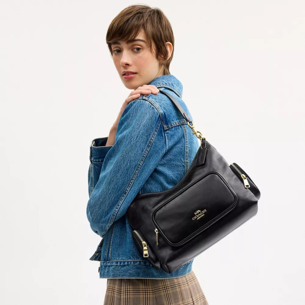 Laurel Shoulder Bag With Pockets - Crinkle Leather/Gold/Black