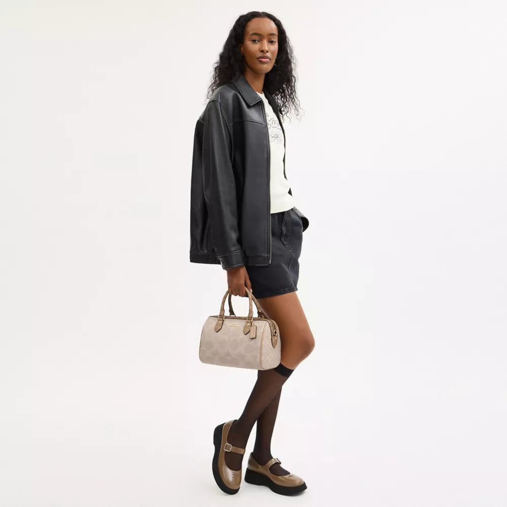 Rowan Satchel Bag In Blocked Signature Canvas - Signature Canvas/Gold/Sand/Tan