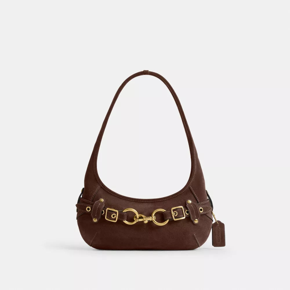 Belted Ergo Shoulder Bag 26 - Suede/Brass/Dark Chocolate