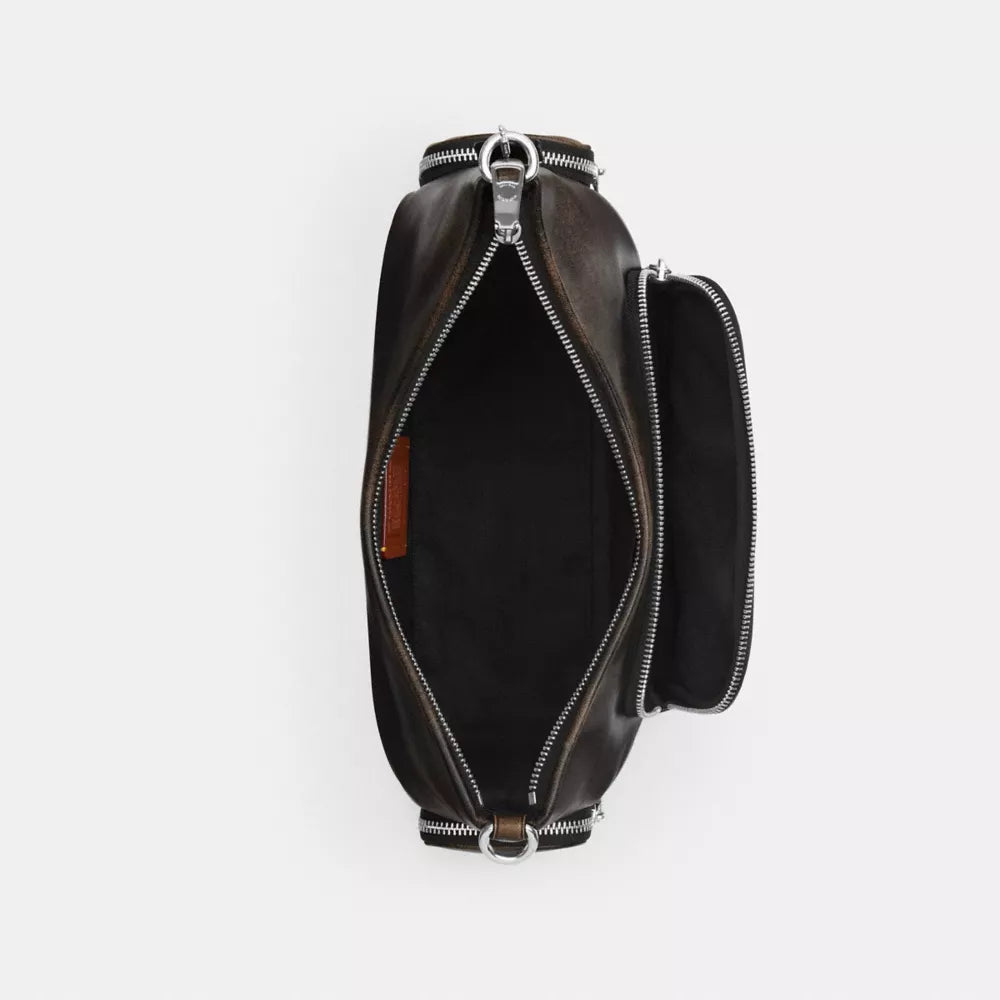 Laurel Shoulder Bag With Pockets In Loved Leather - Silver/Black Brown