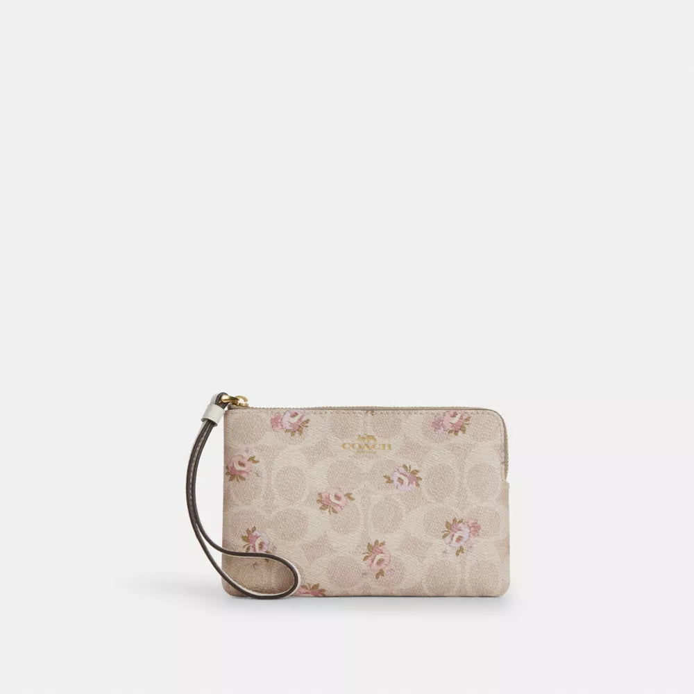 Corner Zip Wristlet In Signature Canvas With Floral Print - Gold/Sand Multi