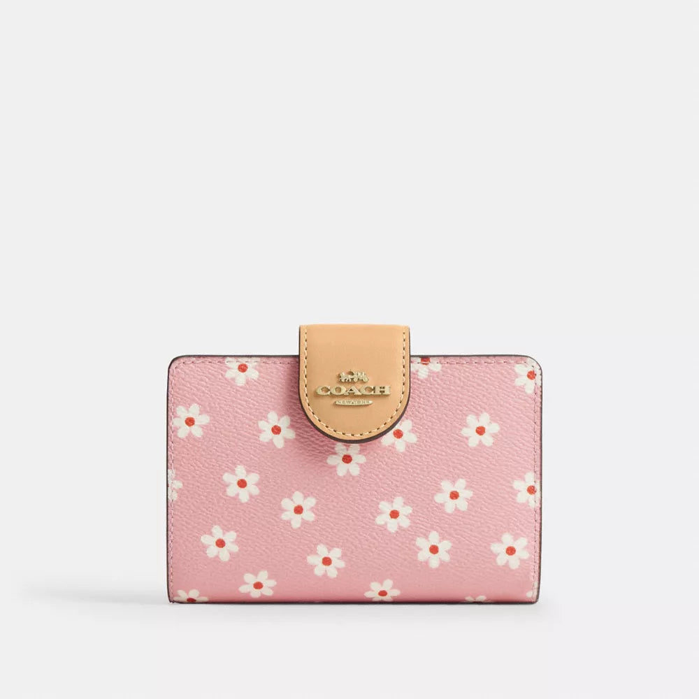 Medium Corner Zip Wallet With Floral Print - Gold/Pink Multi