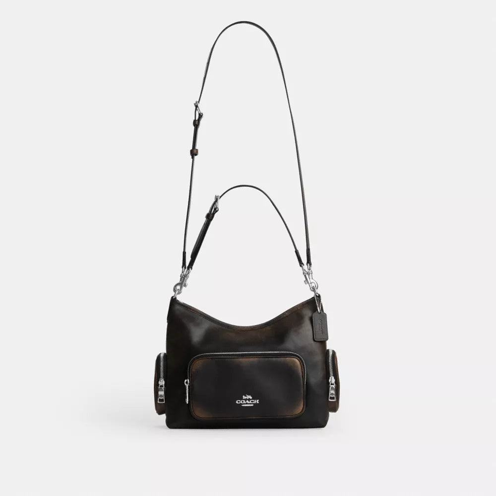 Laurel Shoulder Bag With Pockets In Loved Leather - Silver/Black Brown