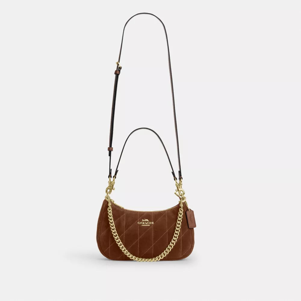 Teri Shoulder Bag With Quilting - Suede/Gold/Warm Brown