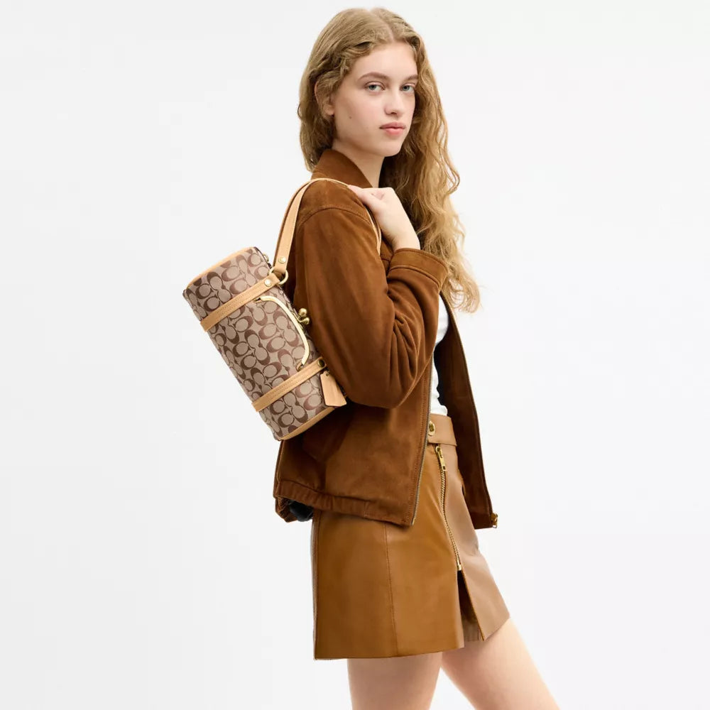 Kisslock Barrel Bag 28 In Signature Jacquard - Brass/Khaki Light Peach