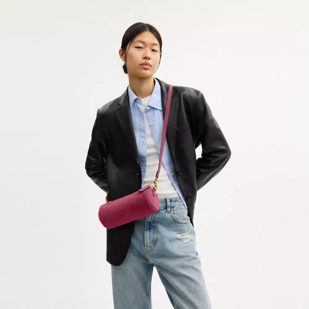 Barrel Bag - Suede/Brass/Dark Fuchsia