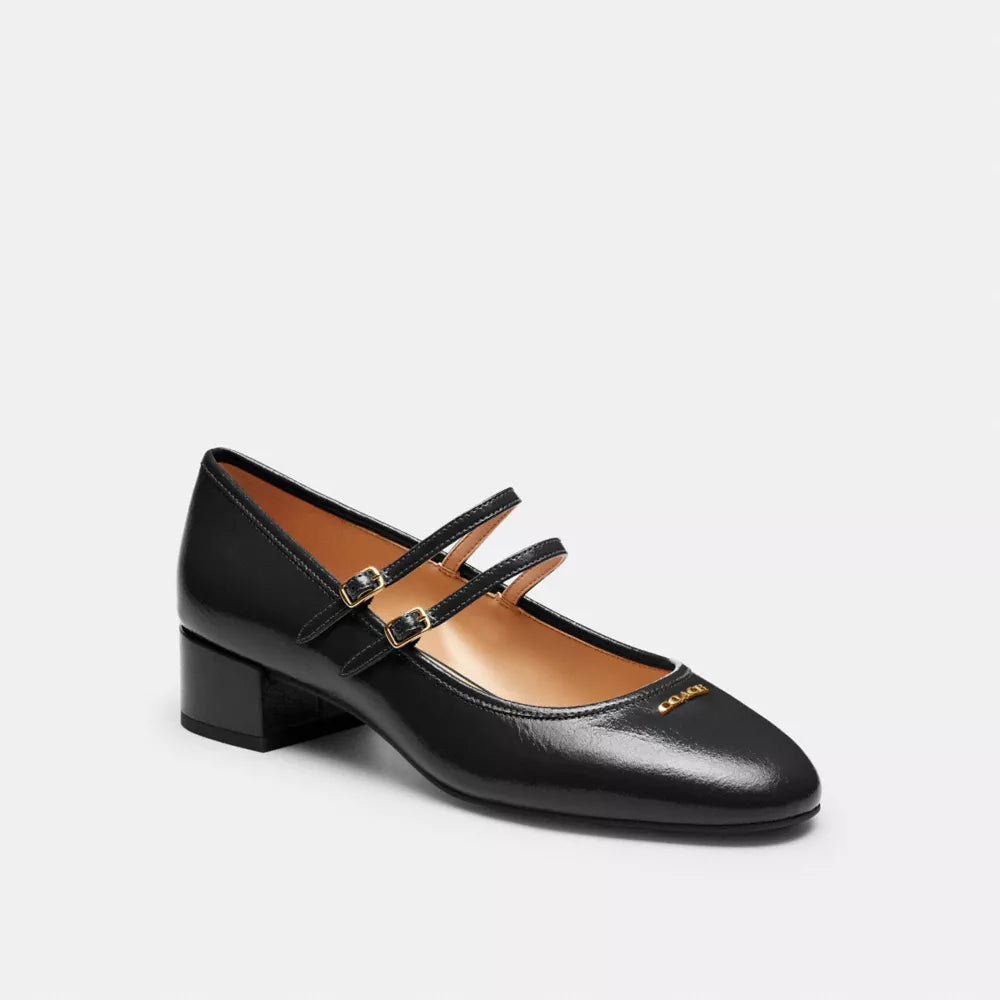 Double Buckle Block Heel Mary Jane - Crinkle Leather/Black