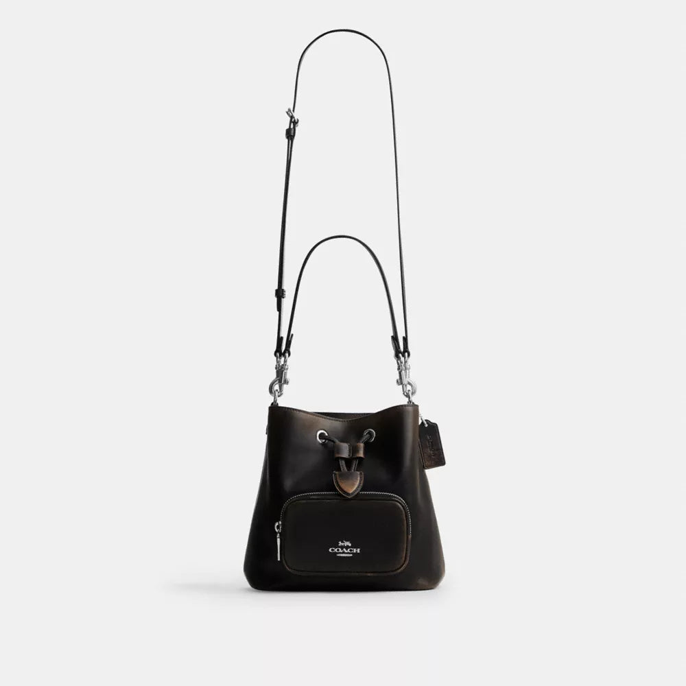 Rowan Bucket Bag With Pocket In Loved Leather - Silver/Black Brown