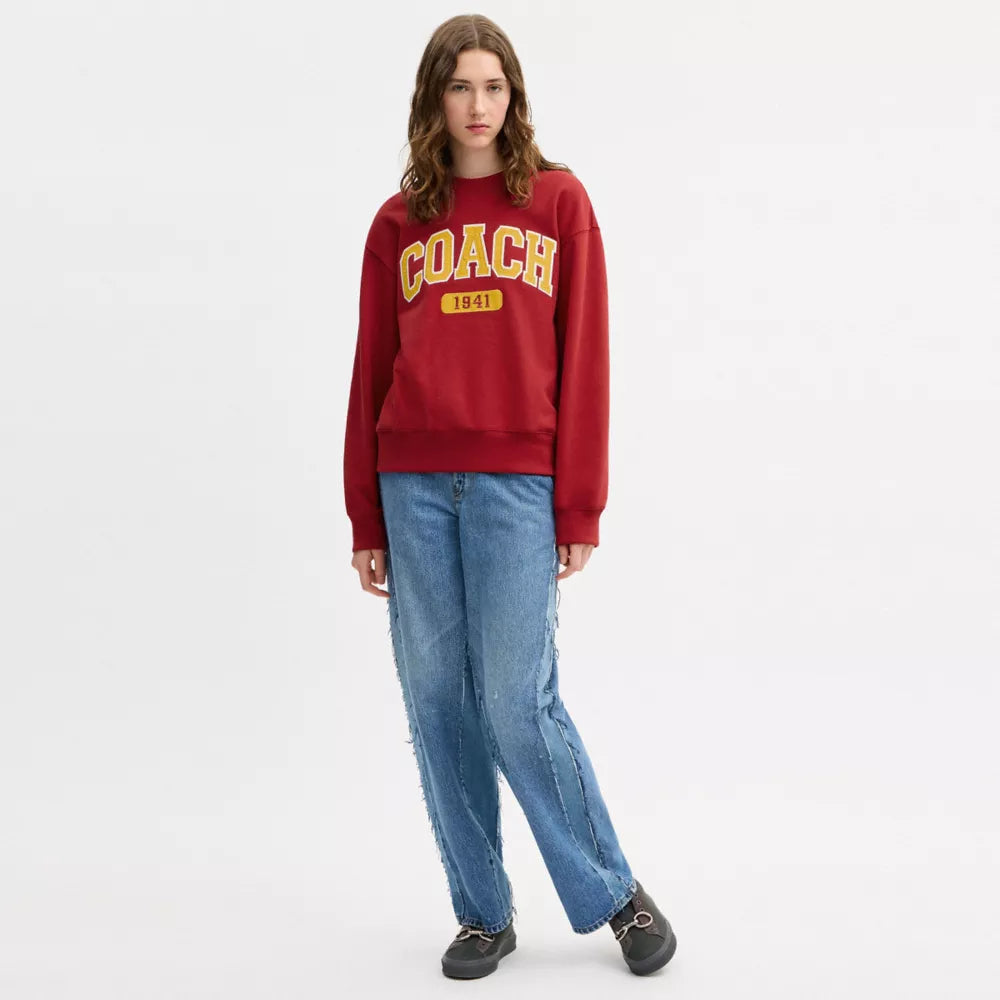 Embroidered Sporty Boyfriend Crewneck Sweatshirt - Savvy Red